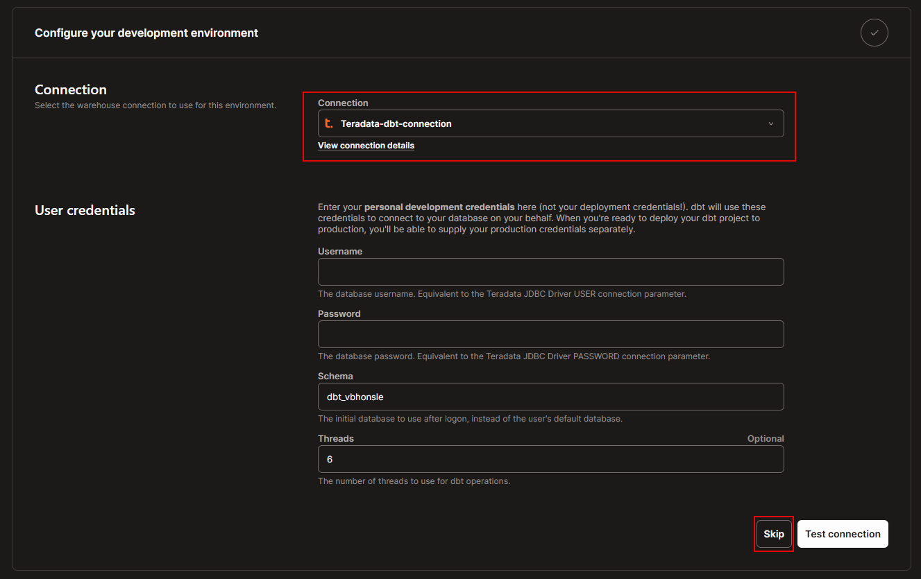 dbt Cloud - Connection and user credentials