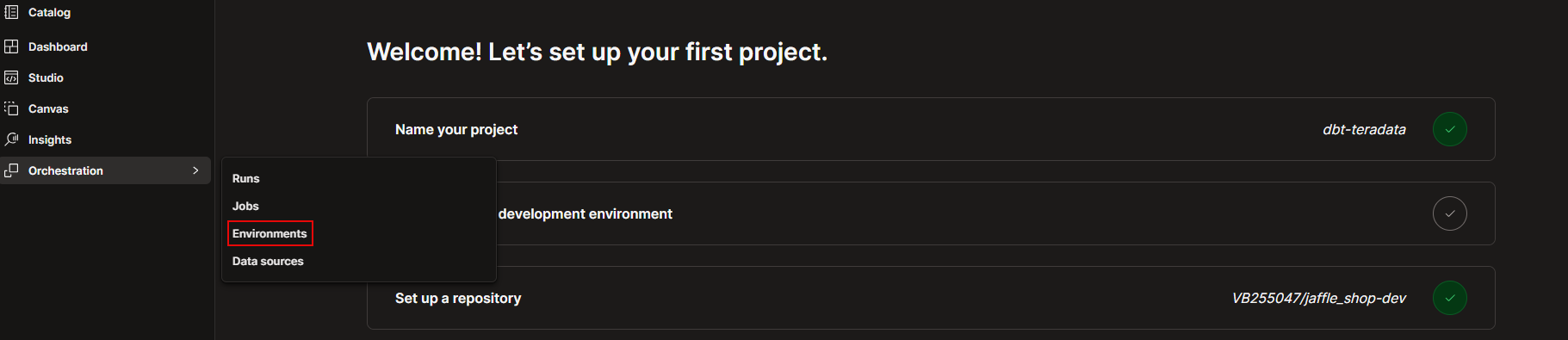 dbt Cloud - Navigate to environments
