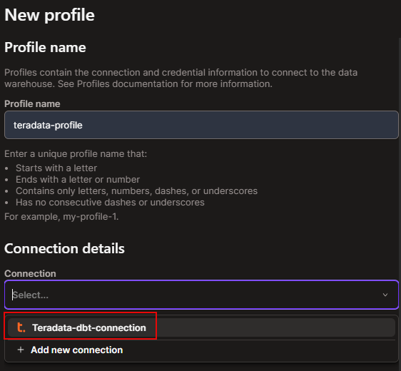 dbt Cloud - Select Teradata connection profile