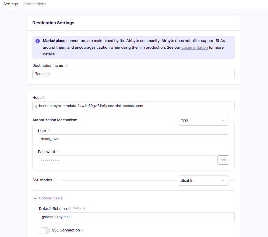 Configuring the destination Teradata in Airbyte
