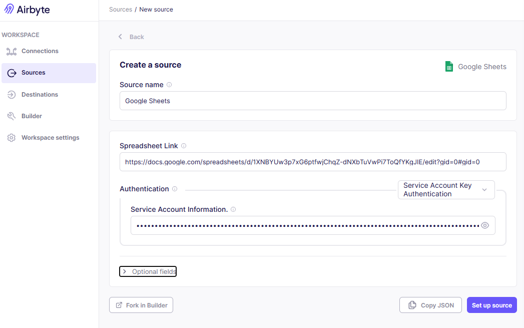 Configuring the source in Airbyte