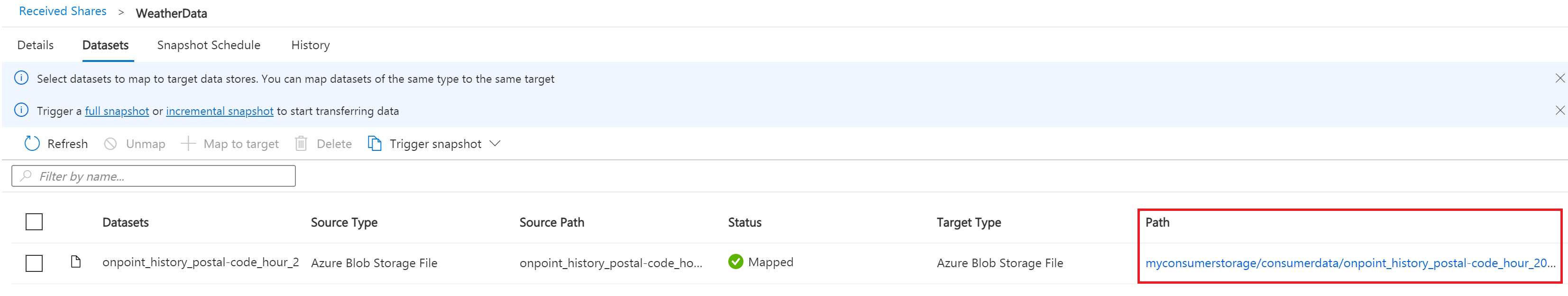 Dataset and target path to view shared data