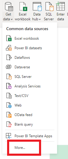 Power BI Get Data menu