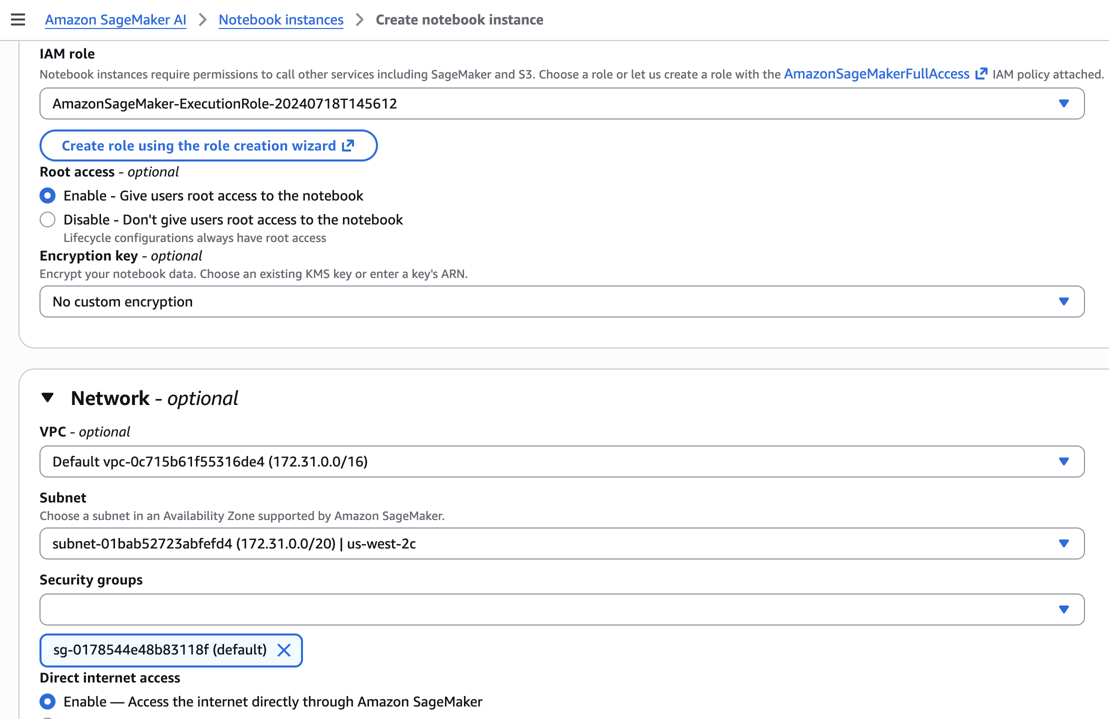 Create notebook instance additional configs