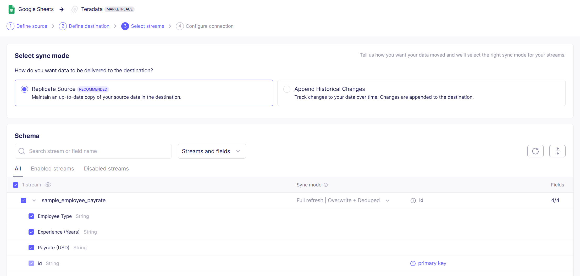 Select sync mode and schema in Airbyte
