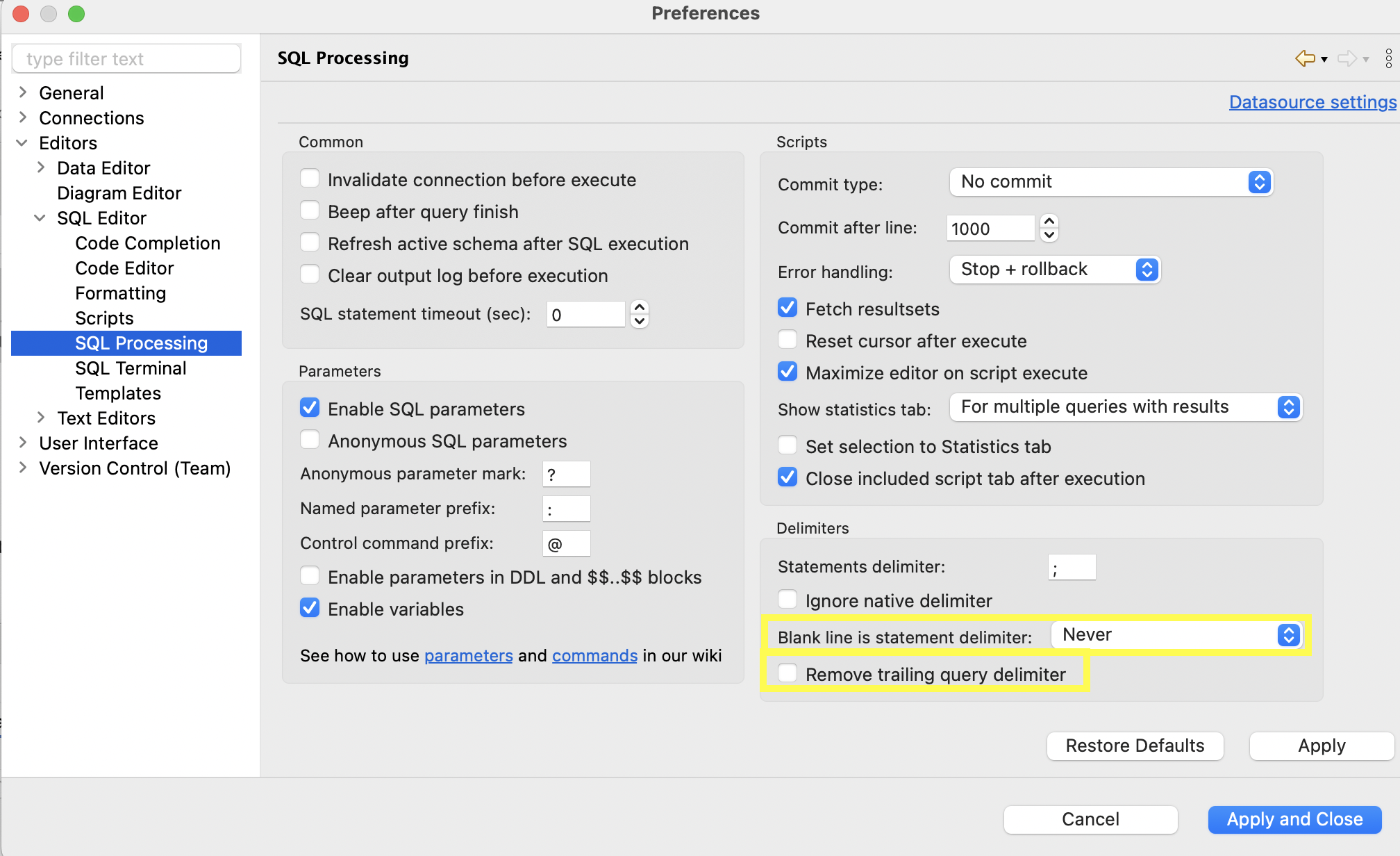 SQL Processing Settings
