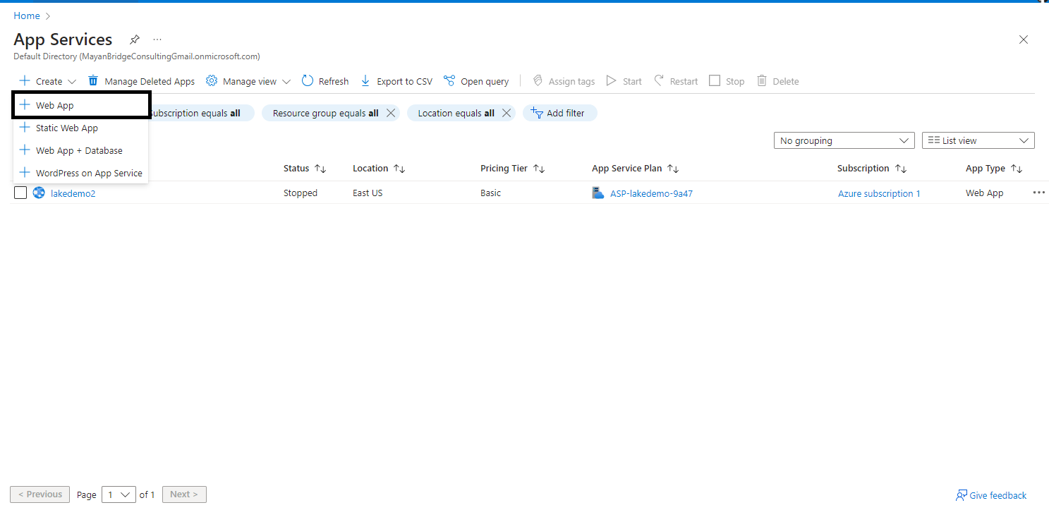 Create Azure web app