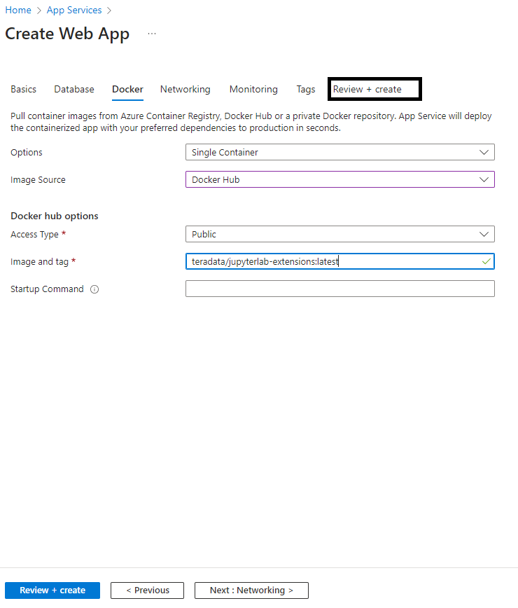 Create Azure web app Docker