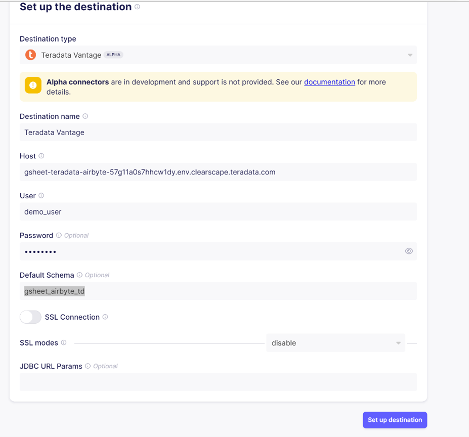 Configuring the destination Teradata in Airbyte