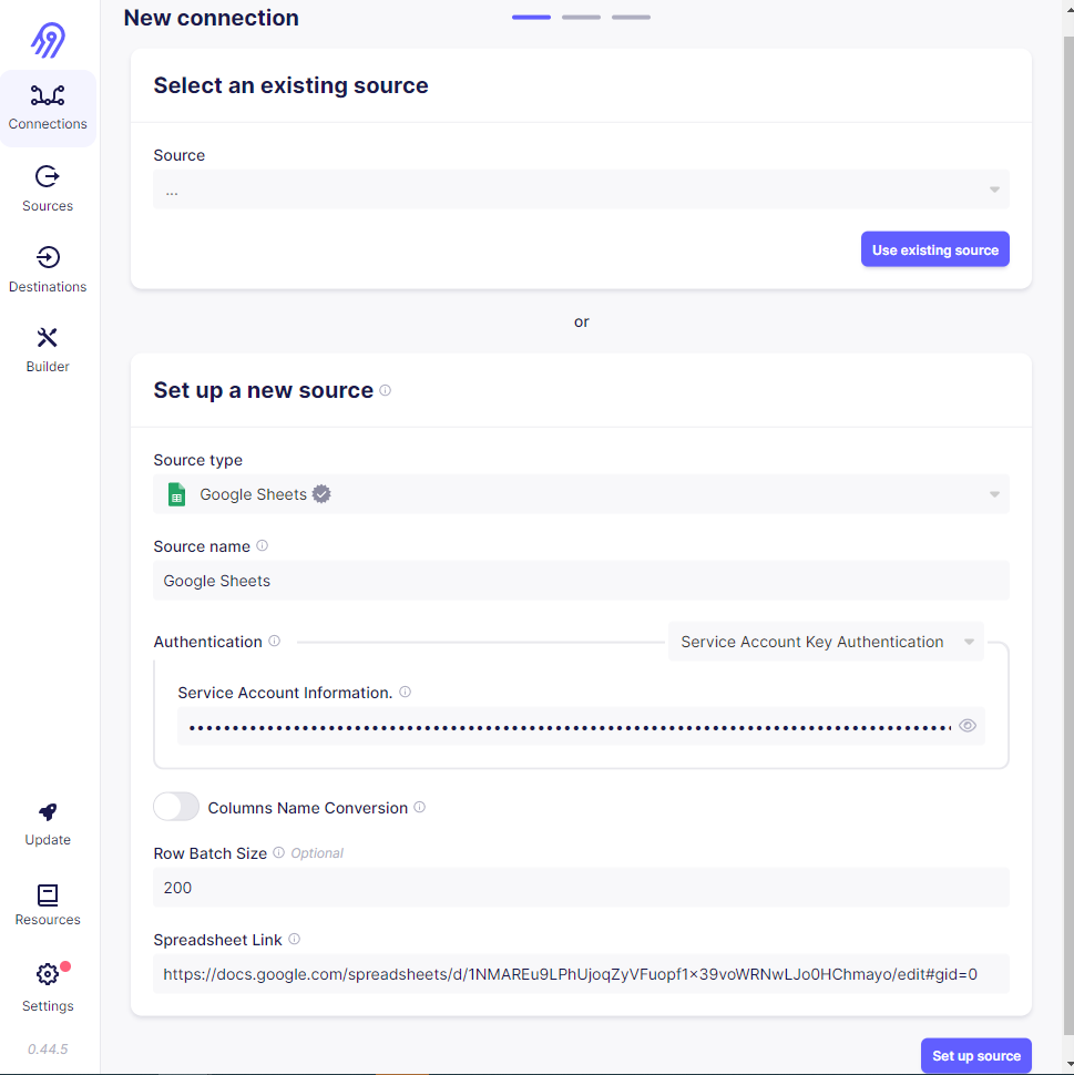 Configuring the source in Airbyte