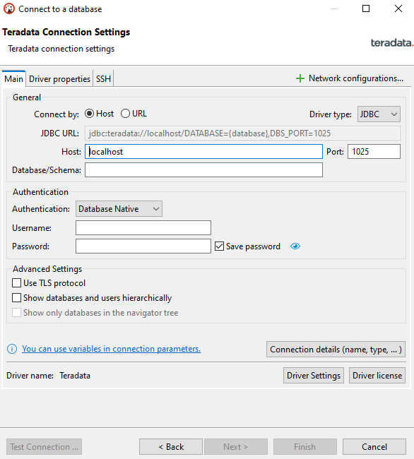 Teradata connection settings