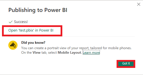 Power BI が正常に公開されました