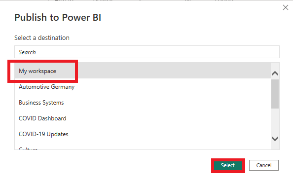 Power BI をワークスペースに公開する