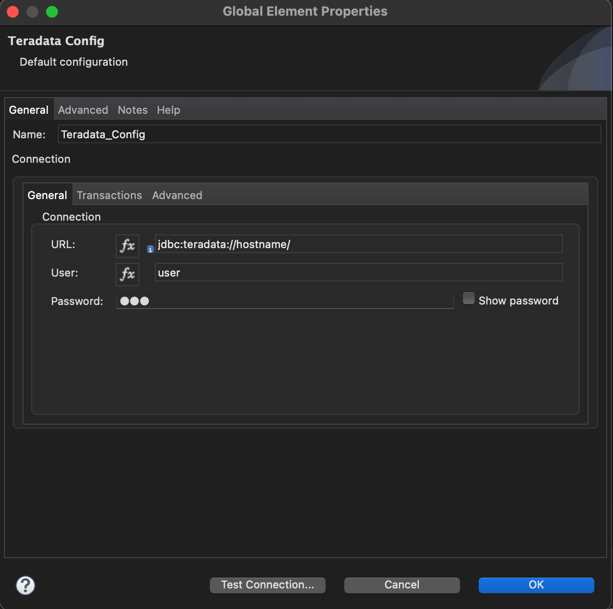 Teradata Connector Global Element Configuration