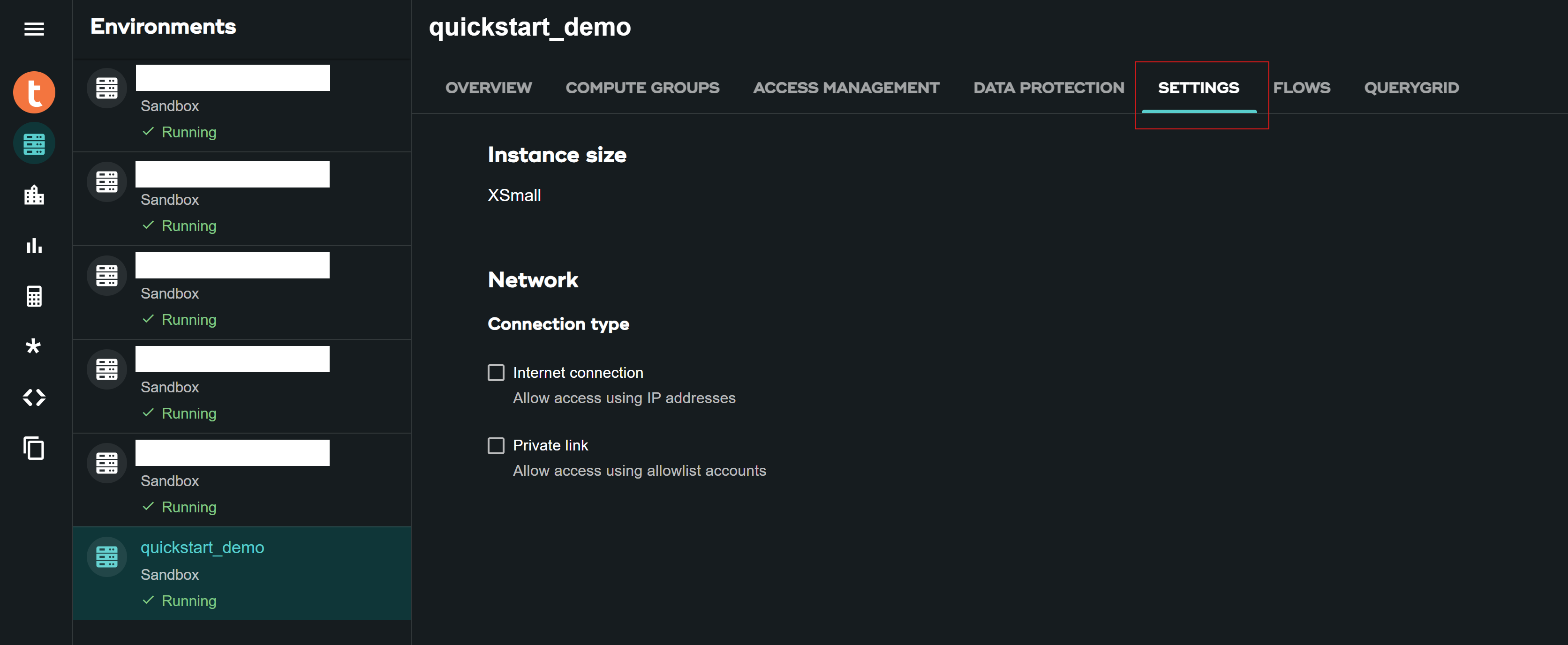 Settings menu of created environment